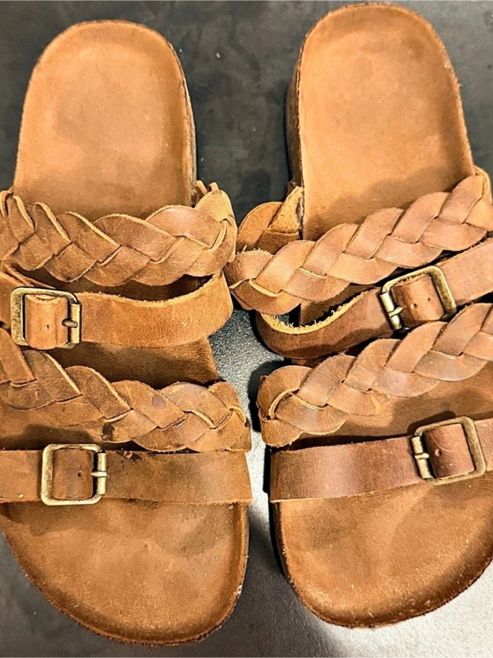 Women’s Maurices Brown Leather Slide Sandals Braided Straps Buckle Flat Casual